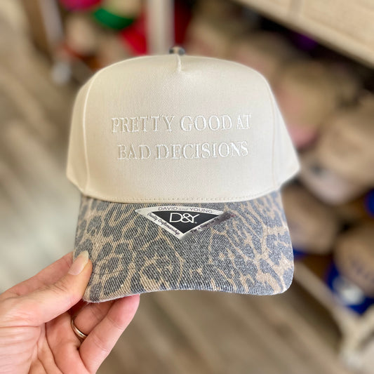 Pretty Good At Bad Decisions Leopard Embroidered Hat