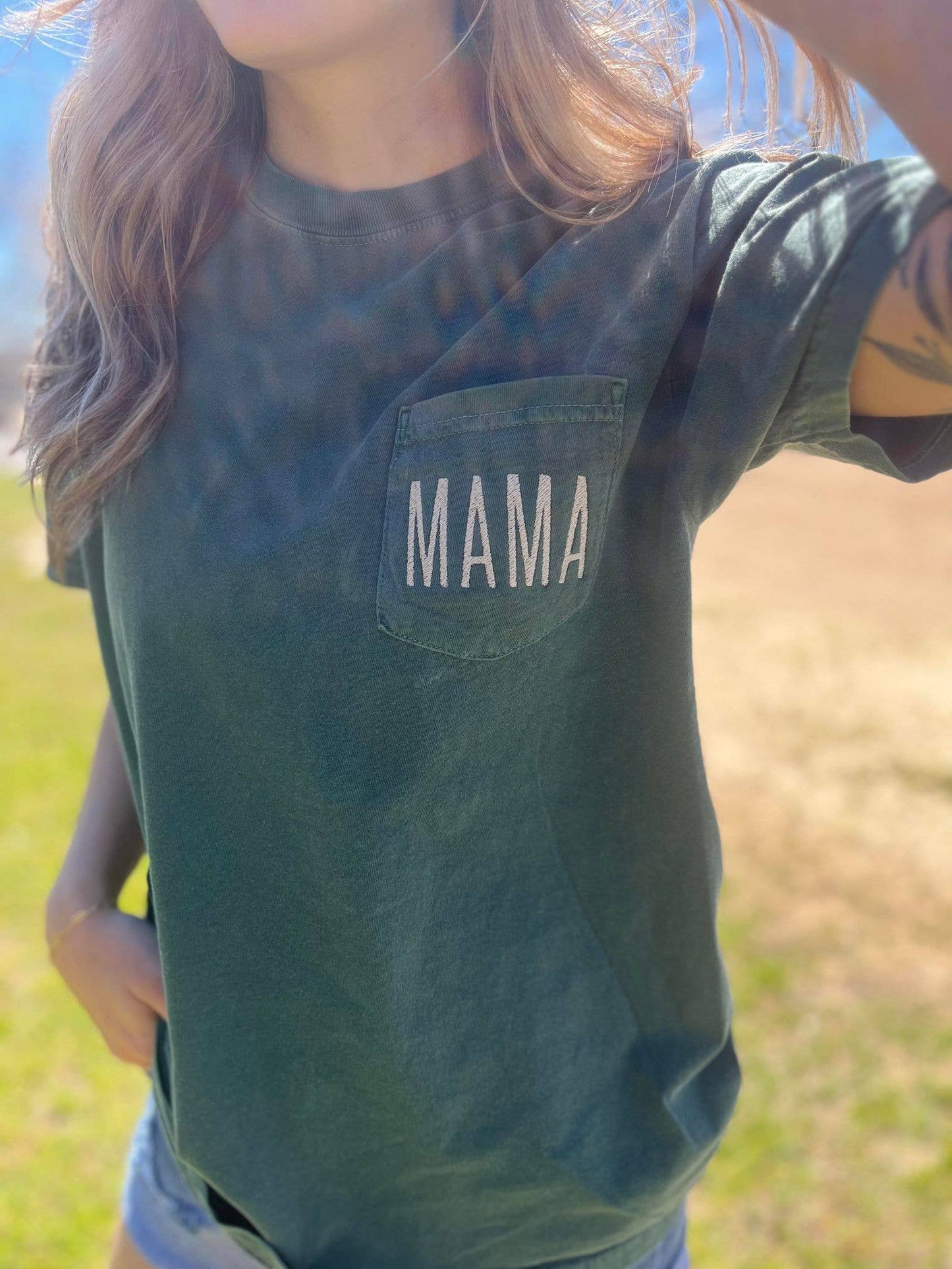 Embroidered Mama Blue Spruce Pocket Tee