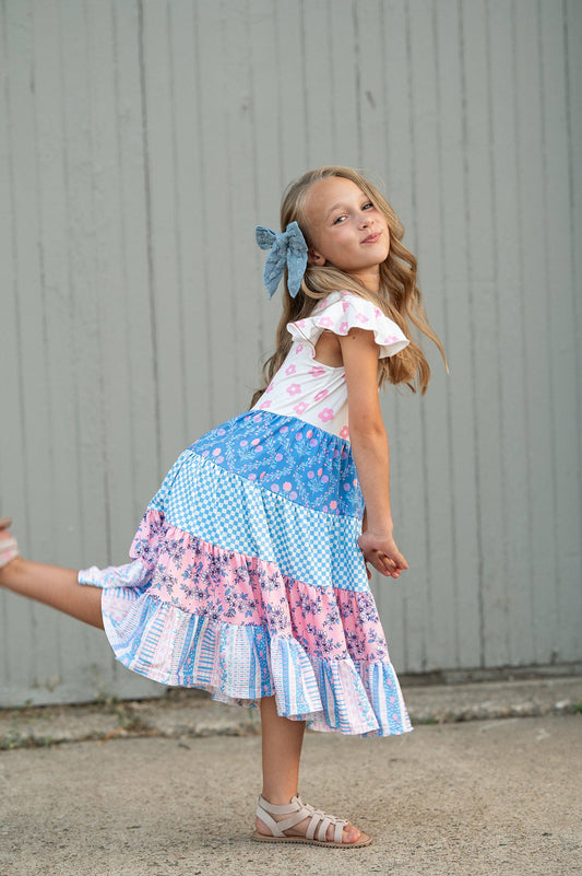 Girls Valine Pink & Blue Floral Tiered Dress