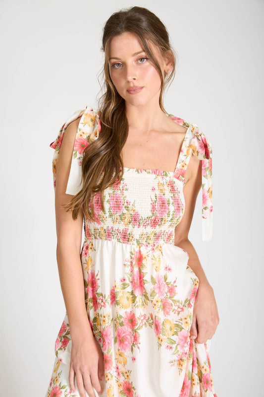 Amelia Smocked Floral Midi Pink Dress