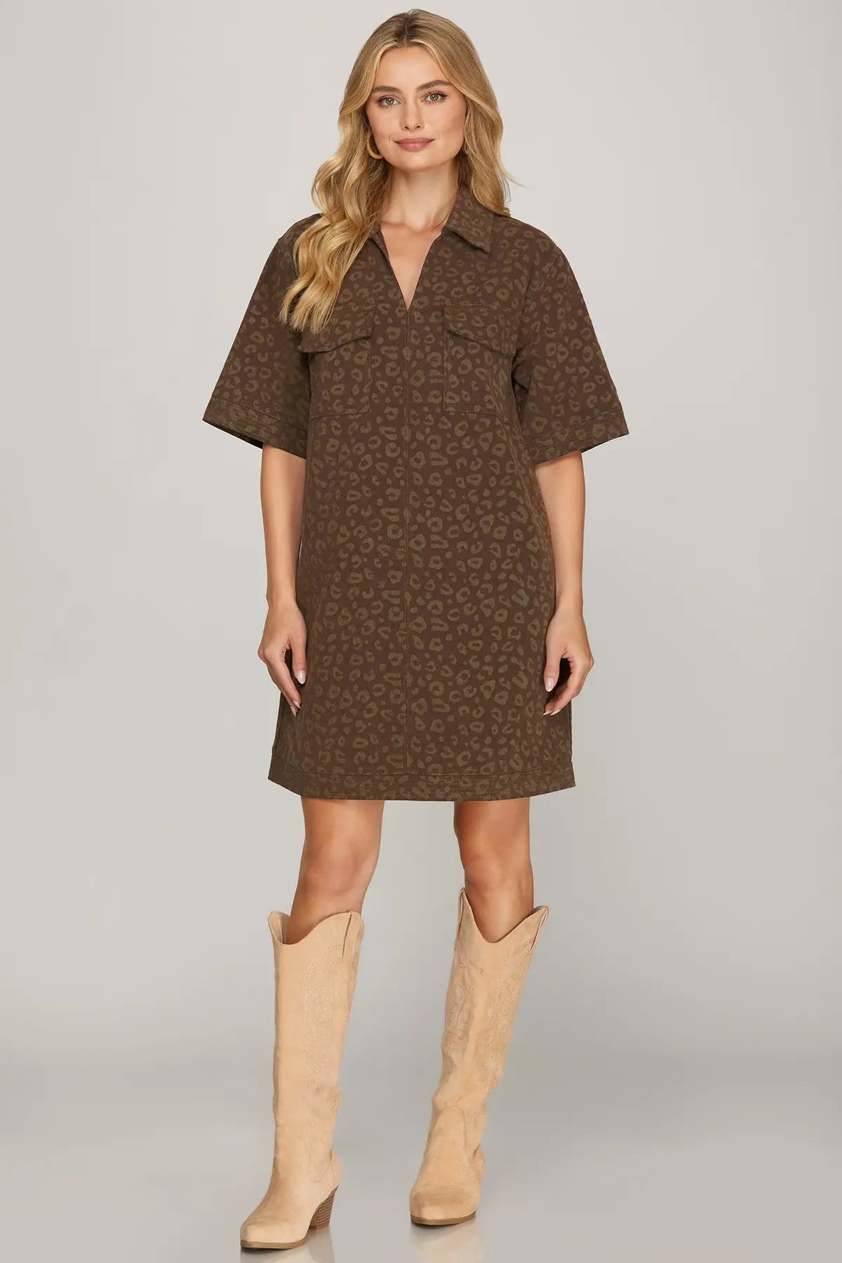 Octavia Leopard Collared Brown Dress