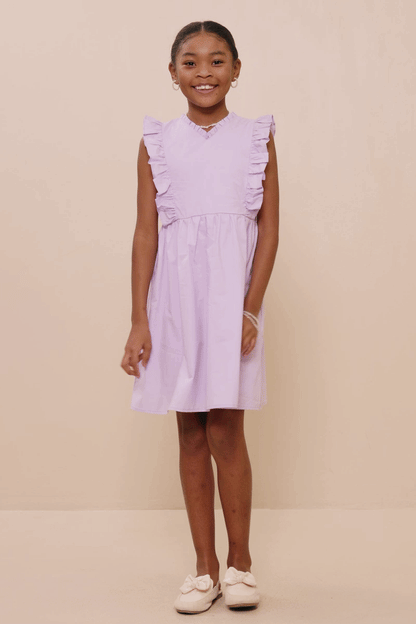 Girls Ruffle V-Neck Lavendar Dress