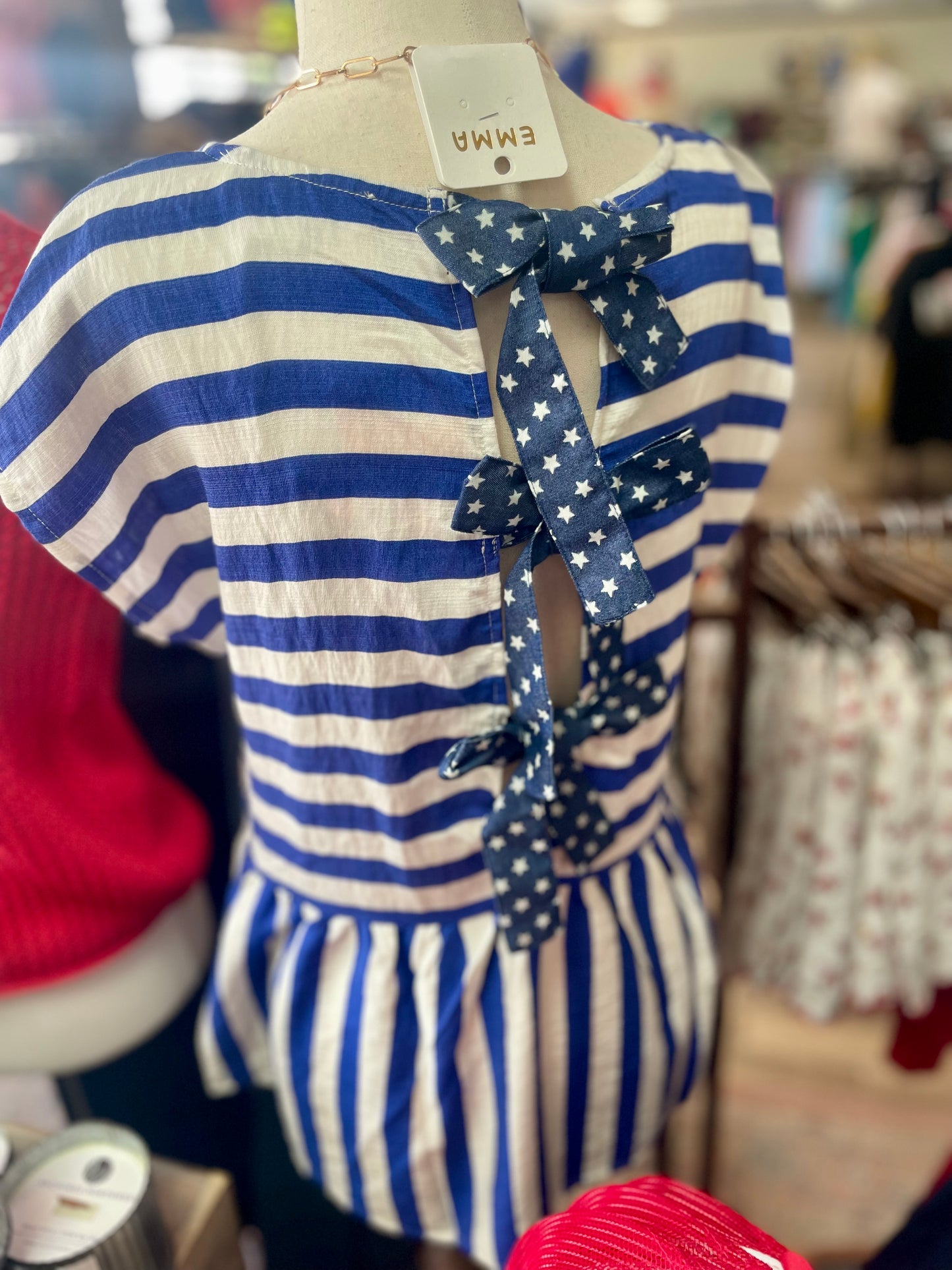 Betsy Striped Patriotic Bow Peplum Blouse