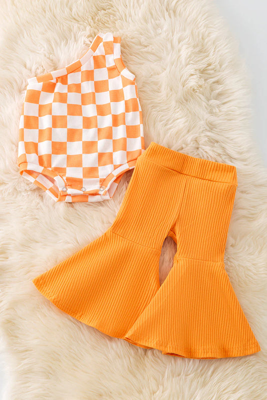Baby Girls Orange Checkered One Shoulder Pant Set