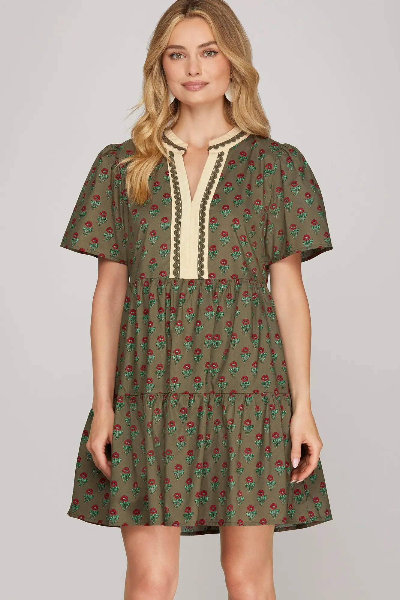 Petunia Floral Tiered Olive Dress