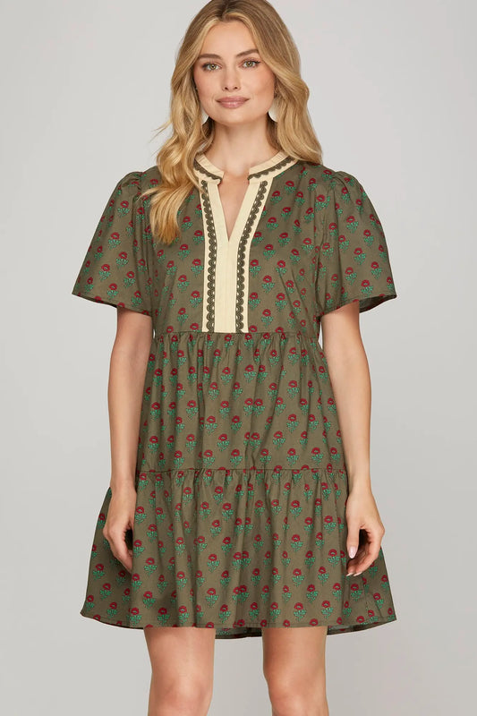 Petunia Floral Tiered Olive Dress