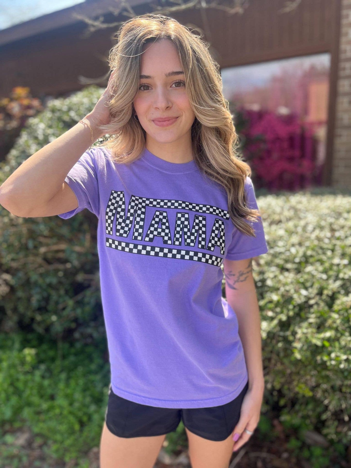 Purple Checkered Mama Tee