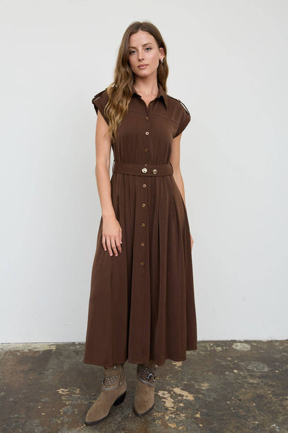 Nelle Belted Buttondown Brown Midi Dress