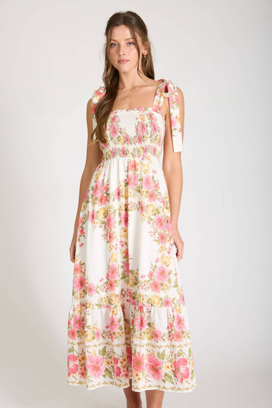 Amelia Smocked Floral Midi Pink Dress