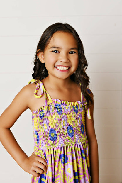 Girls Anna Lilac Flower Smocked Tiered Maxi Dress