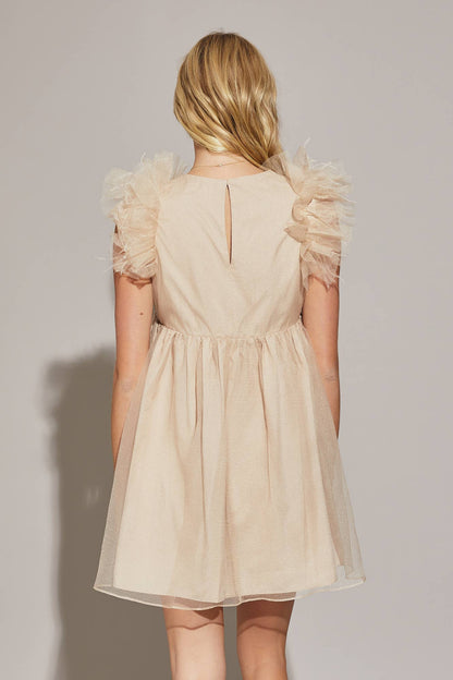 Dara Feather Babydoll Beige Romper Dress