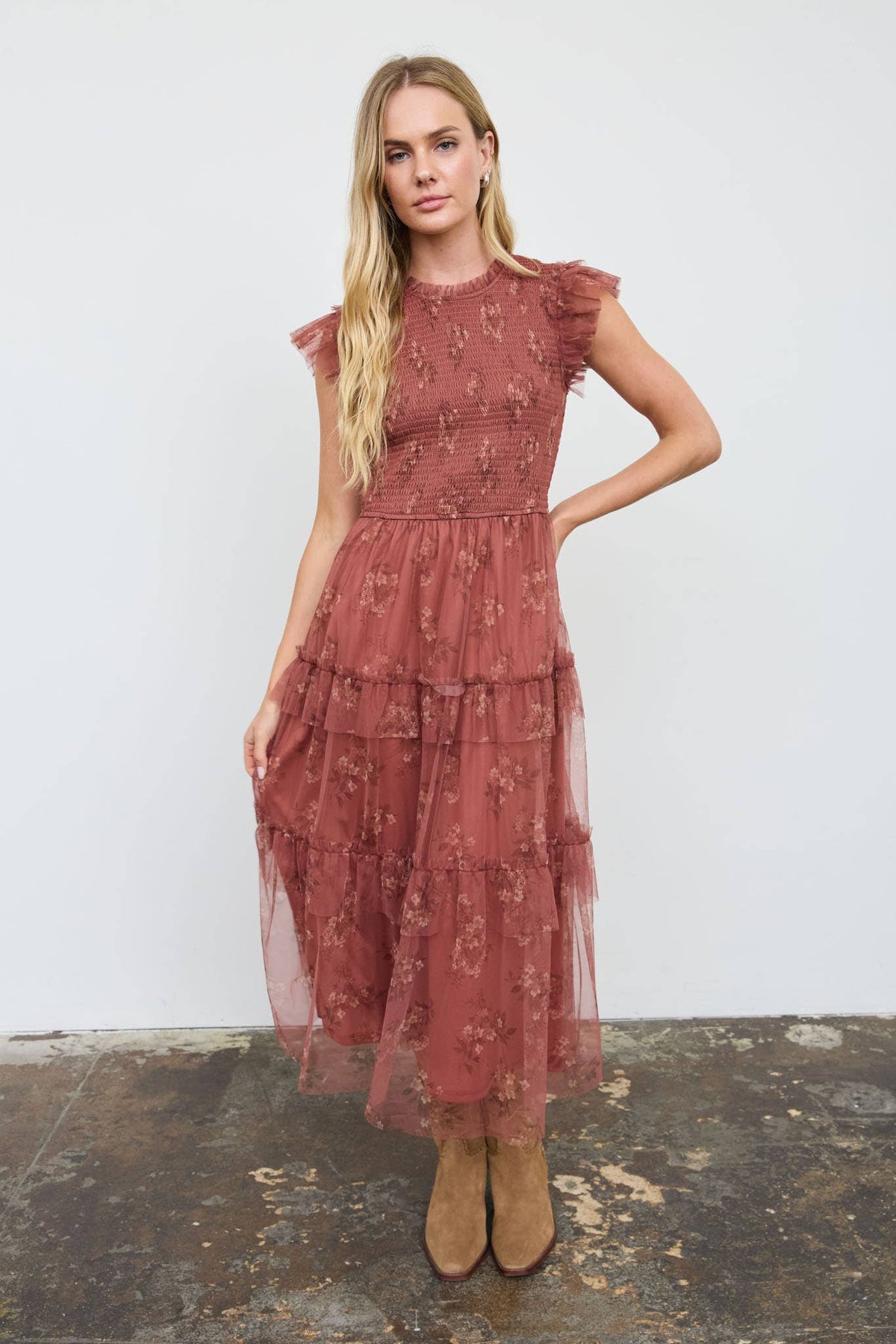 Grace Floral Sheer Overlay Terracotta Midi Dress