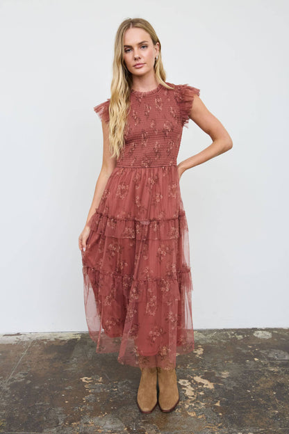 Grace Floral Sheer Overlay Terracotta Midi Dress