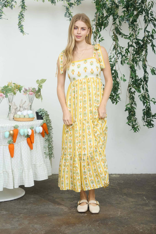 Fenrin Floral Stripe Tiered Midi Yellow Dress