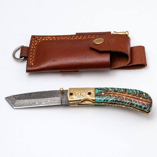 Titan Teal Pine Tanto Folding Knife with Brass Bolster & Fire Starter