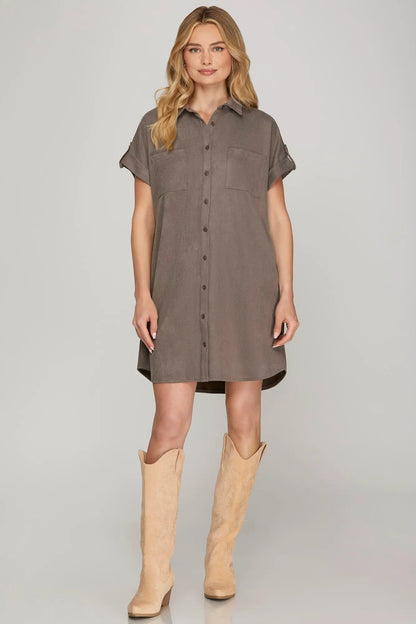 Selene Textured Buttondown Mocha Dress