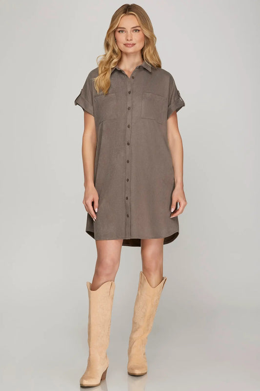 Selene Textured Buttondown Mocha Dress