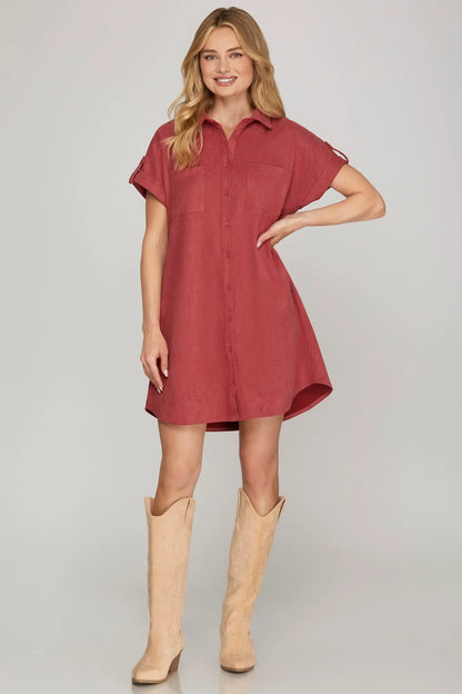 Selene Textured Buttondown Brick Dress