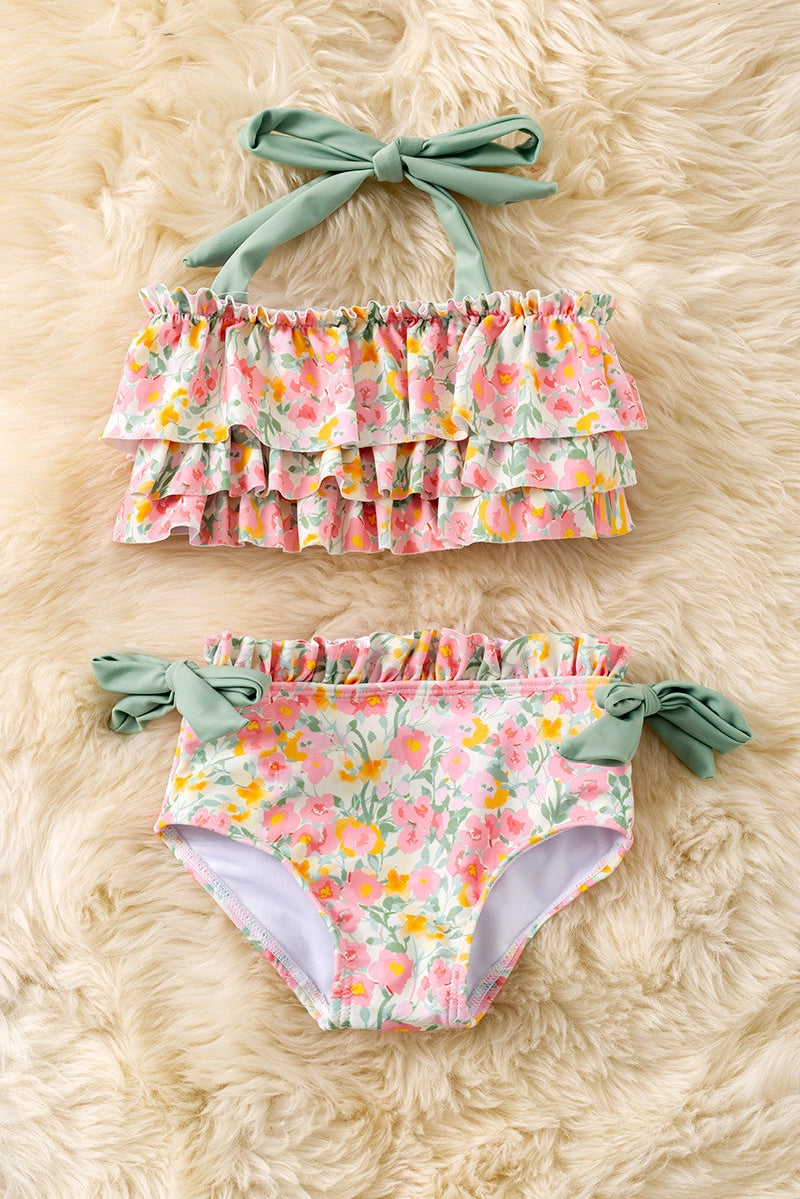 Girls Max Ruffle Floral Green Tie Bikini