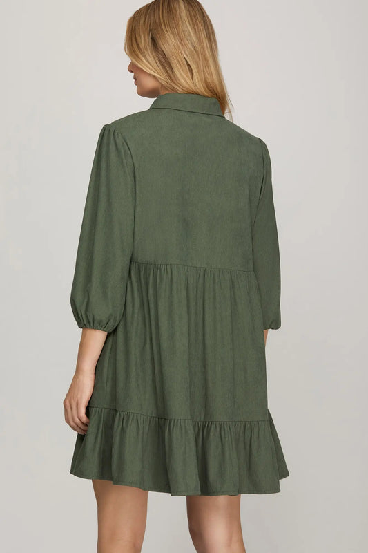 Vega Corduroy Bow Ruffle Olive Dress