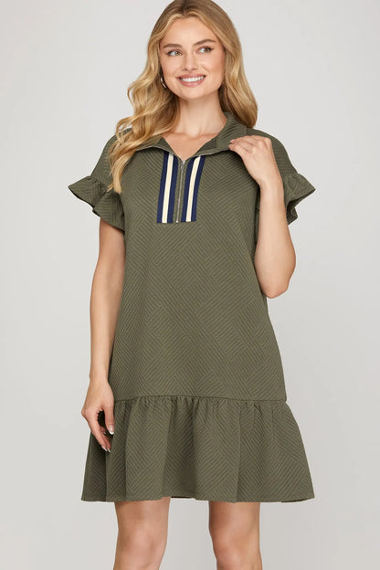 Rhiannon Textured Ruffle Zip Olive Dress