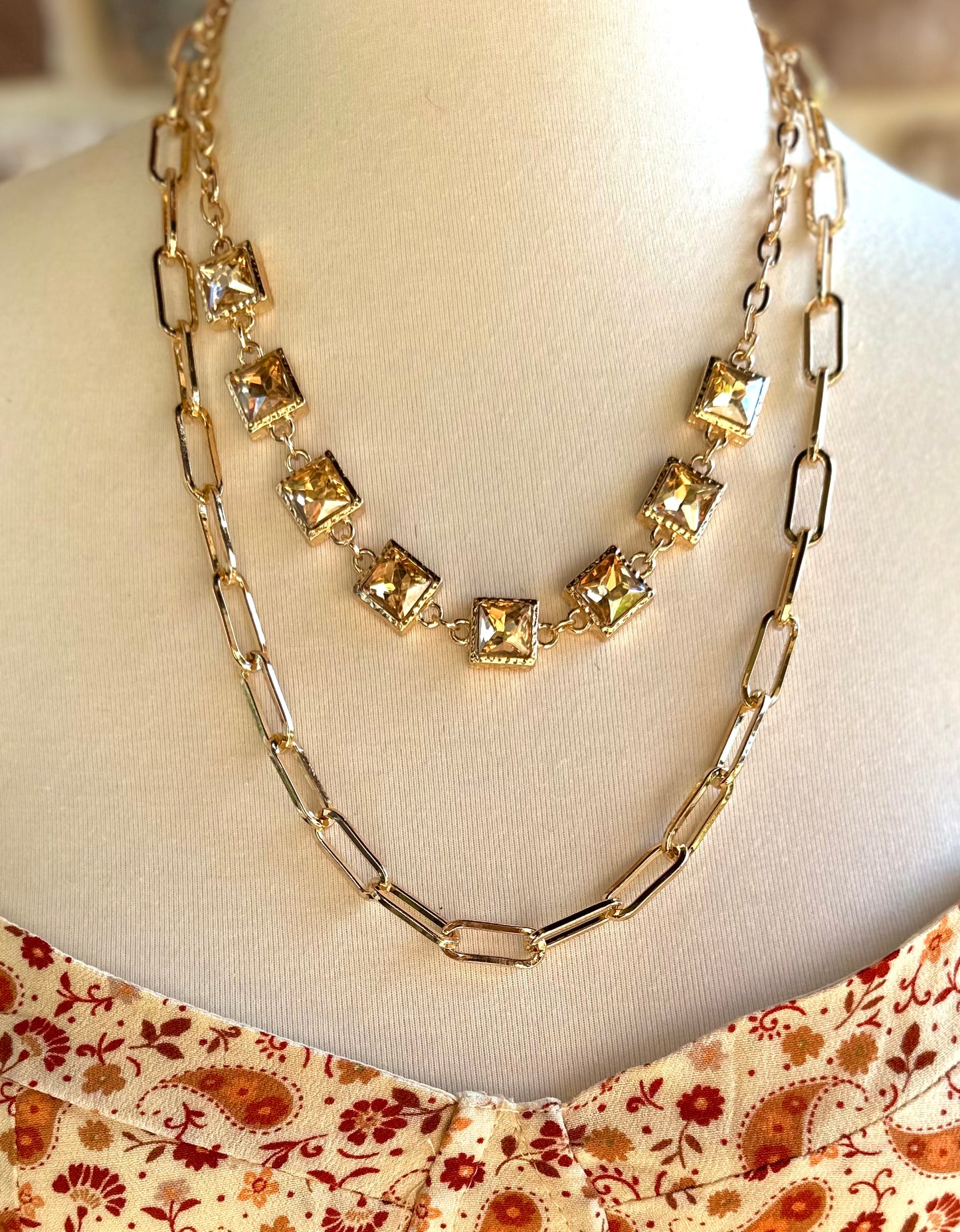 Delphine Layered Chain Square Stone Necklace