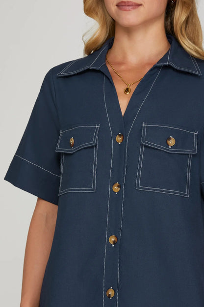 Tempest Contrast Stitch Buttondown Navy Dress