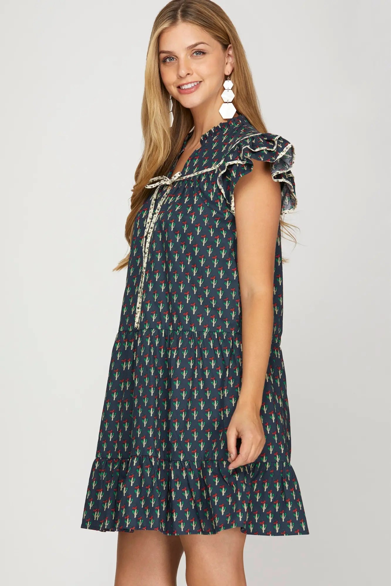 Linnet Printed Flutter Sleeve Navy Dress