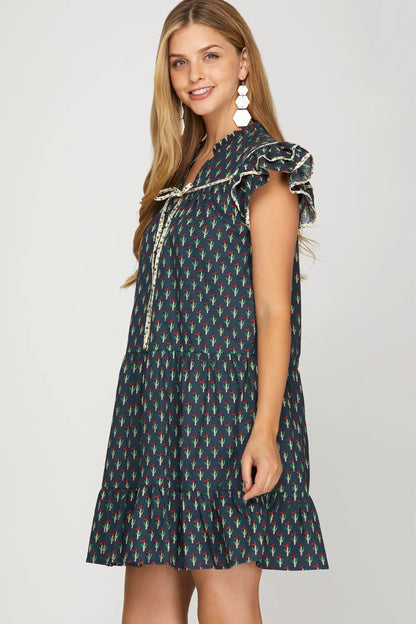 Linnet Printed Flutter Sleeve Navy Dress