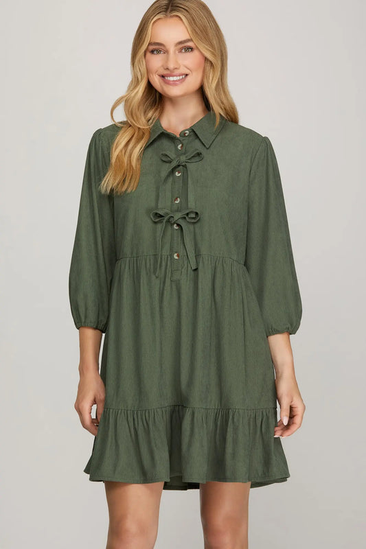 Vega Corduroy Bow Ruffle Olive Dress