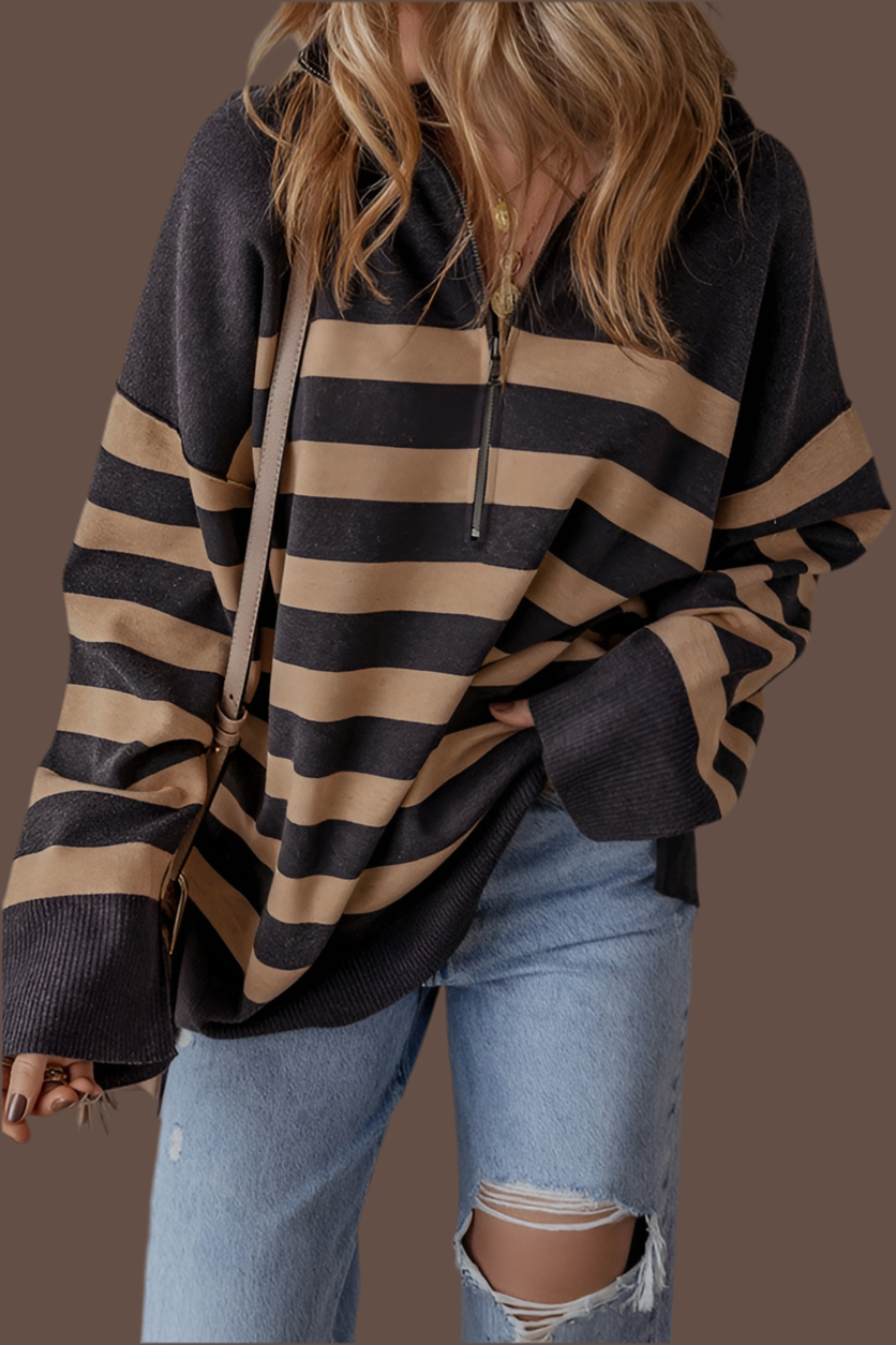 Hamden Black & Tan Striped Quarter Zip Sweater