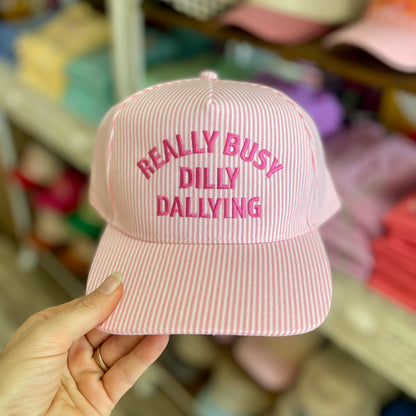 Really Busy Dilly Dallying Seersucker Embroidered Pink Hat