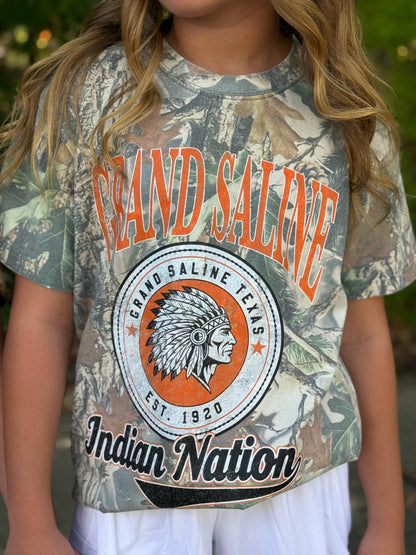 Kids Grand Saline Indians Vintage Badge Mascot Tee