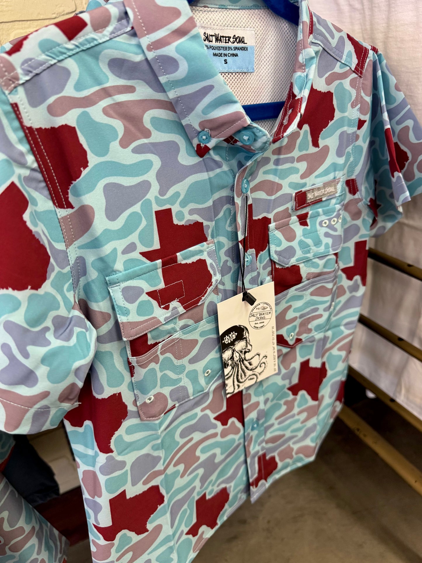 Youth Boys Salt Water Soul TX Camo Button Down Maroon Fishing Shirt