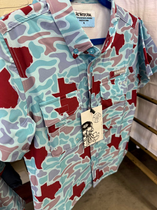 Youth Boys Salt Water Soul TX Camo Button Down Maroon Fishing Shirt