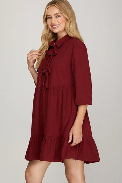 Vega Corduroy Bow Ruffle Wine Dress