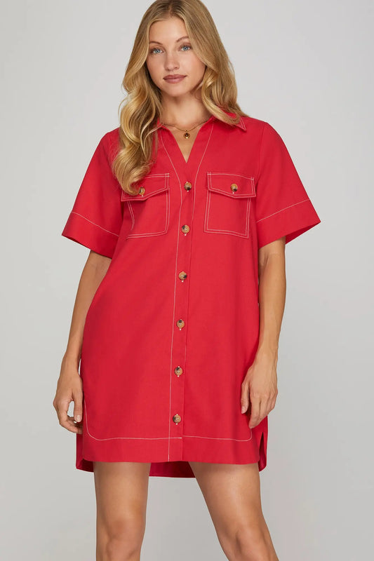 Tempest Contrast Stitch Buttondown Red Dress