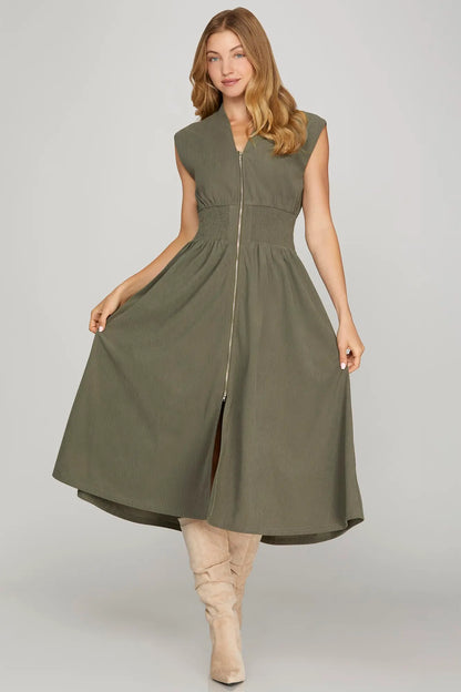Perry Corduroy Zip Olive Dress