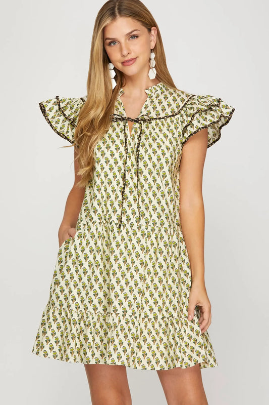 Linnet Printed Flutter Sleeve Ivory Dress