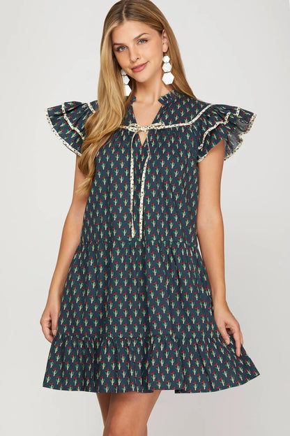 Linnet Printed Flutter Sleeve Navy Dress