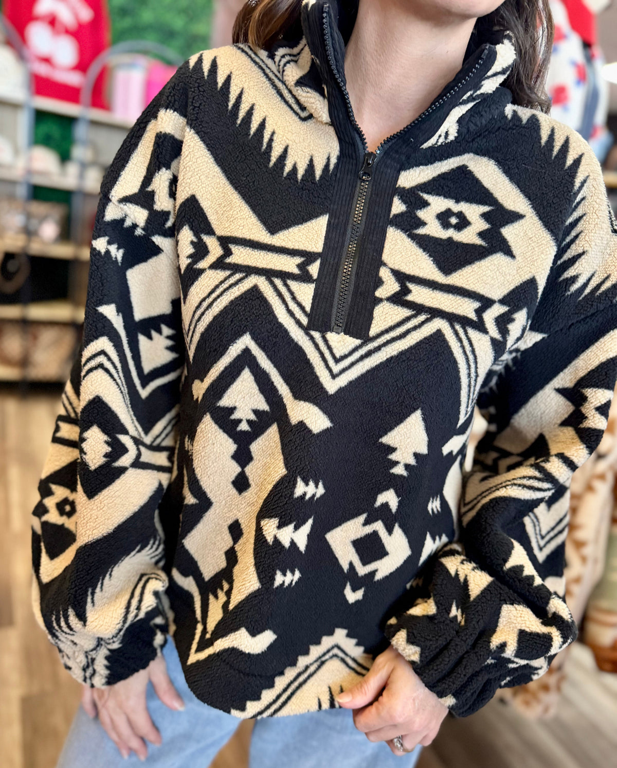 Aztec Quarterzip Fuzzy Black Pullover – Bellum&Rogue