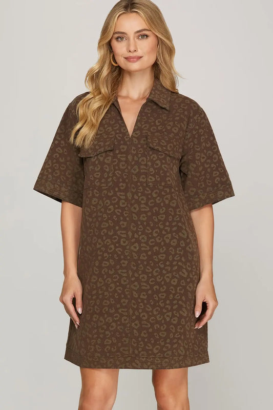 Octavia Leopard Collared Brown Dress