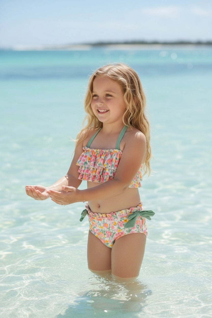 Girls Max Ruffle Floral Green Tie Bikini