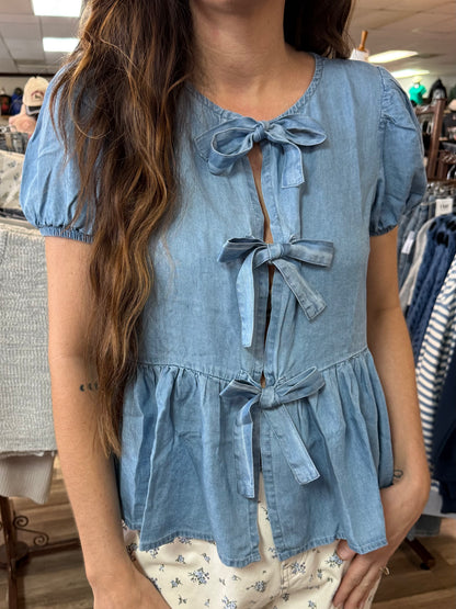 Mavis Chambray Bow Peplum Blouse