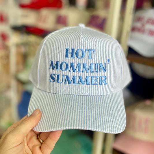Hot Mommin' Seersucker Embroidered Blue Hat