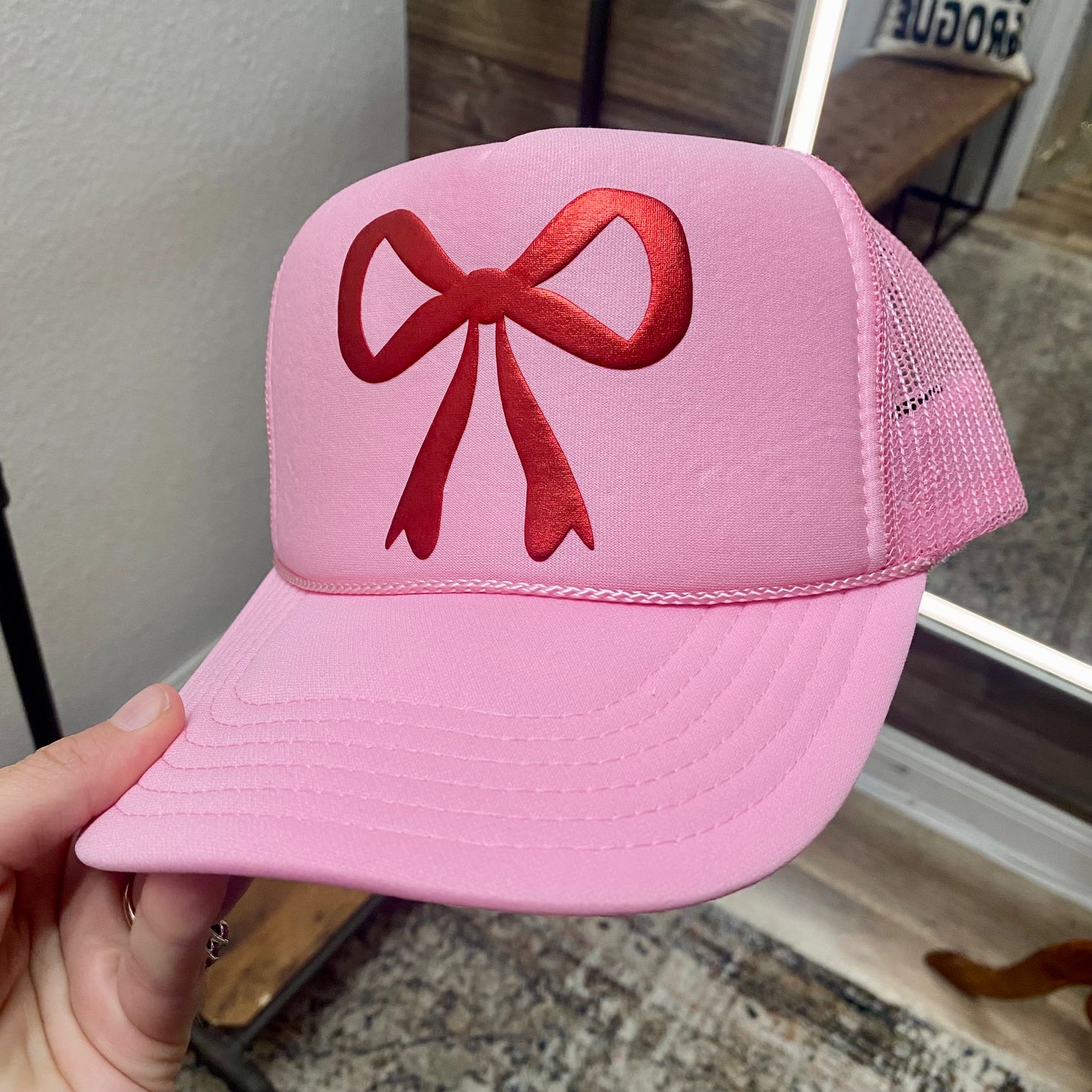 Red Metallic Bow Trucker Hat