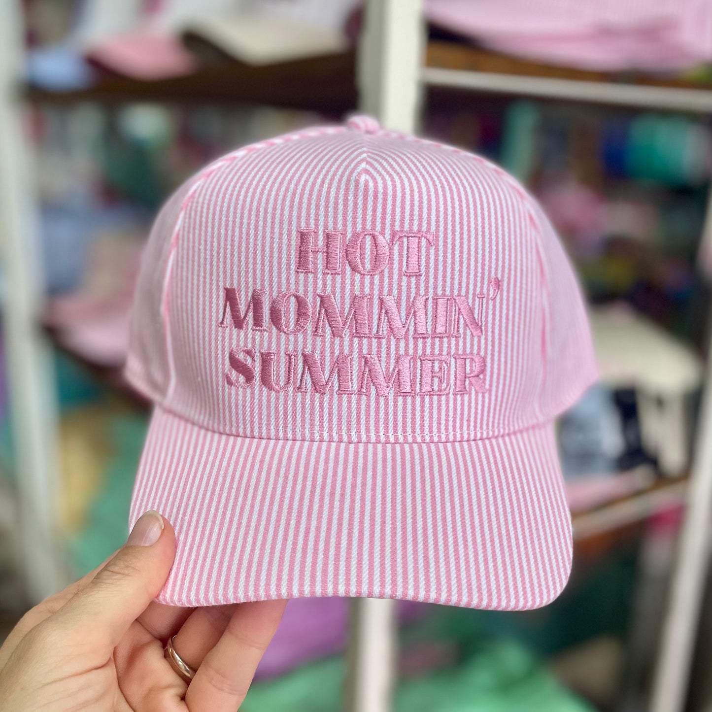 Hot Mommin' Seersucker Embroidered Pink Hat