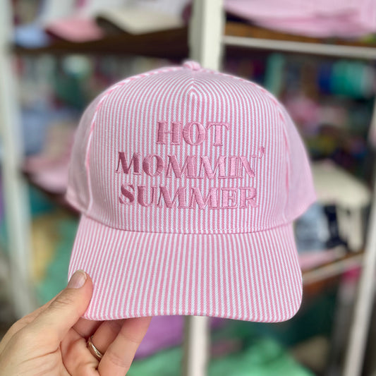 Hot Mommin' Seersucker Embroidered Pink Hat