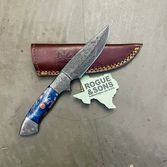 Titan Damascus Navy Knife with Leather Bolster