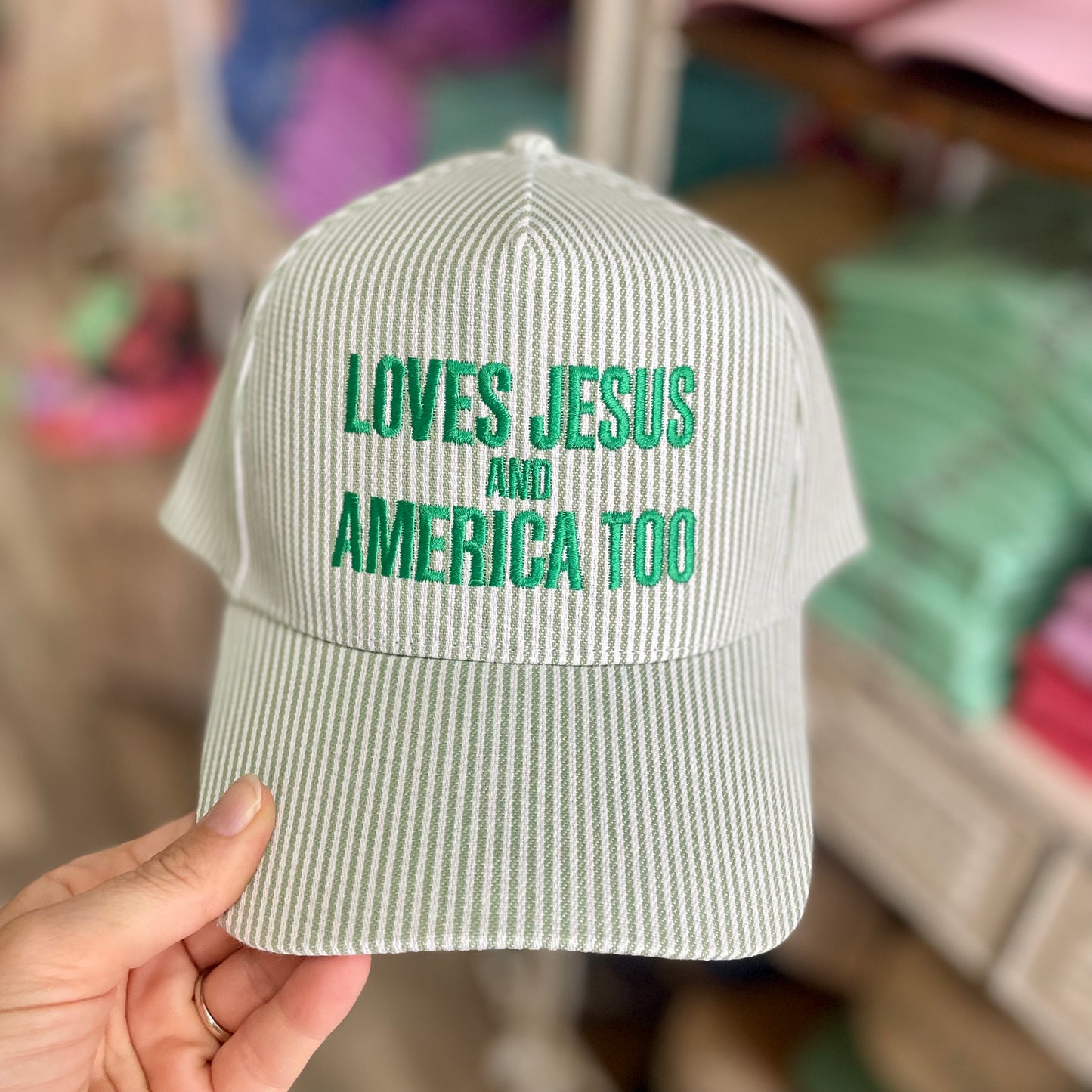 Love Jesus & America Too Seersucker Embroidered Green Hat